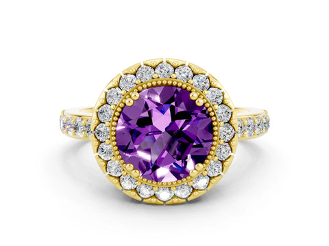 Yellow gold Round Cut Diamond Halo Ring with Pavé Band and Prong Setting