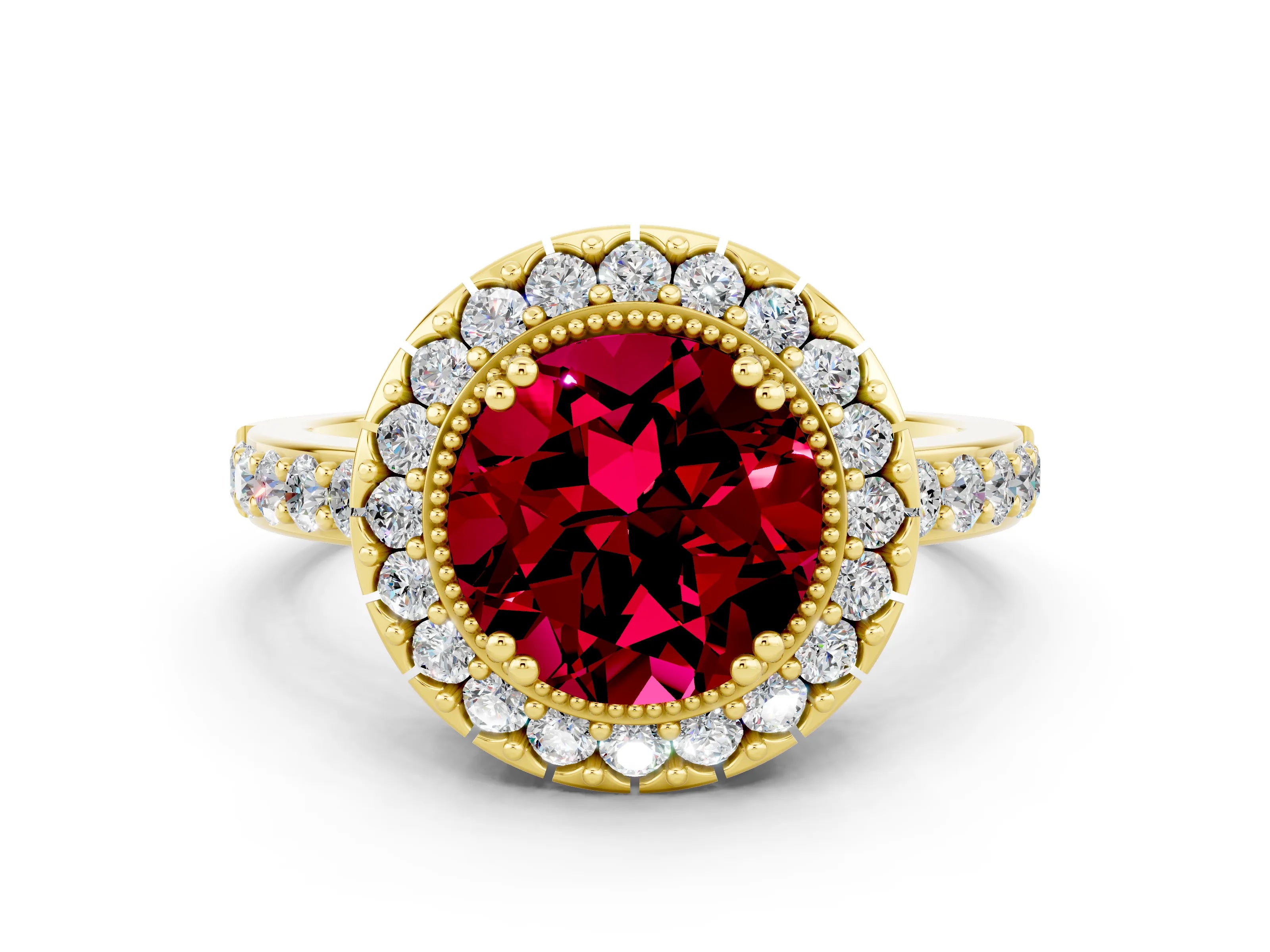 Yellow gold Round Cut Diamond Halo Ring with Pavé Band and Prong Setting