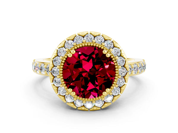 Yellow gold Round Cut Garnet Halo Ring with Pavé Band and Prong Setting