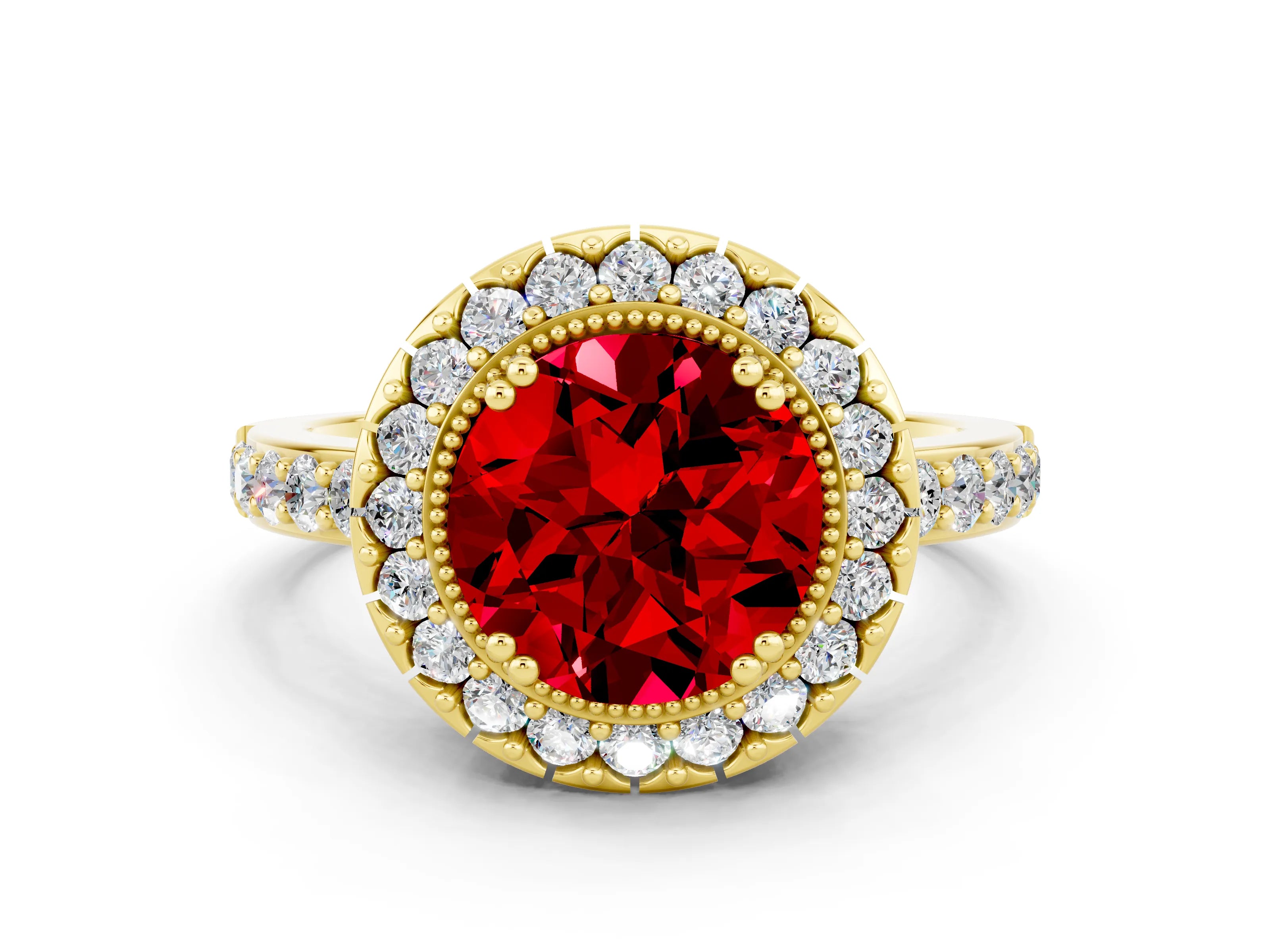 Yellow gold Round Cut Diamond Halo Ring with Pavé Band and Prong Setting