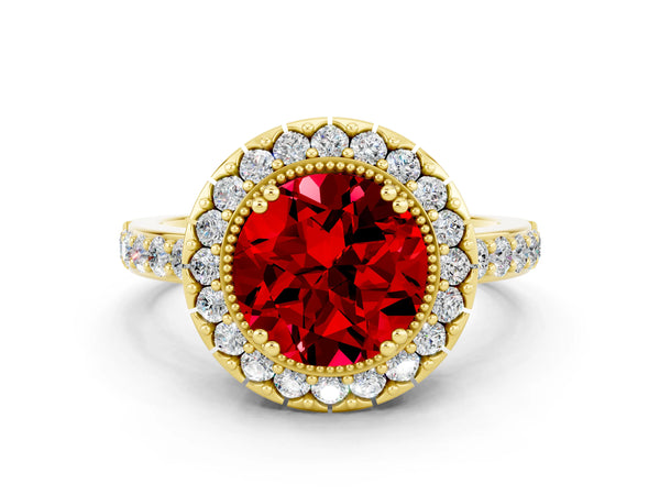 Yellow gold Round Cut Ruby Halo Ring with Pavé Band and Prong Setting