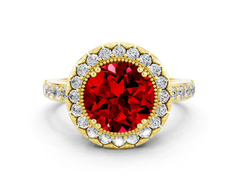 Yellow gold Round Cut Diamond Halo Ring with Pavé Band and Prong Setting