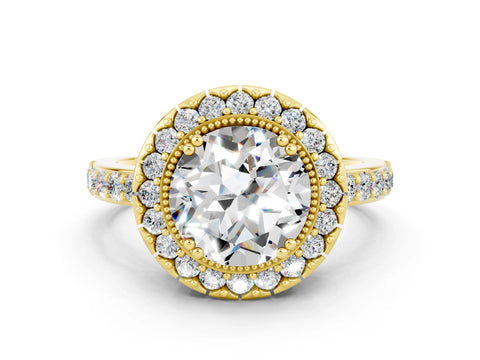 Yellow gold Round Cut Diamond Halo Ring with Pavé Band and Prong Setting