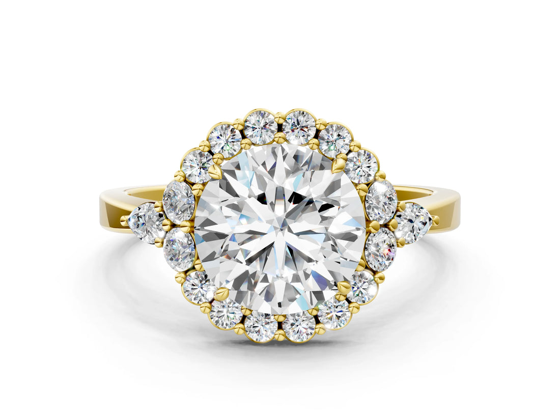 Yellow gold Round Cut Diamond Halo Ring with Pear Side Stones and Prong Setting_57