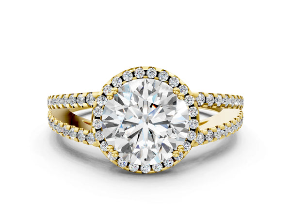 Yellow gold Round Cut Diamond Halo Split Shank Engagement Ring