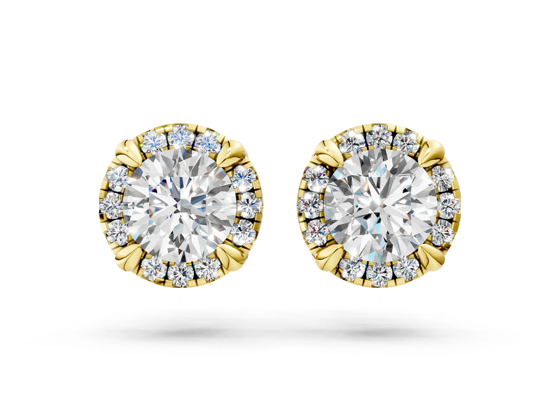 Yellow gold Round Cut Diamond Halo Stud Earrings with Pavé Accents_8