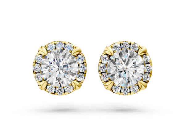 Yellow gold Round Cut Diamond Halo Stud Earrings with Pavé Accents