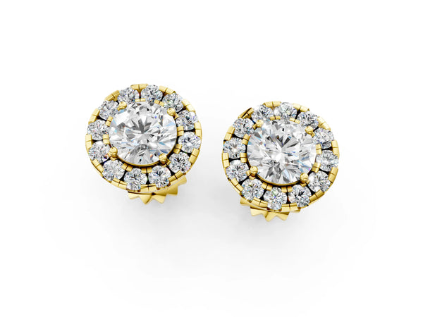 Yellow gold Round Cut Diamond Halo Stud Earrings