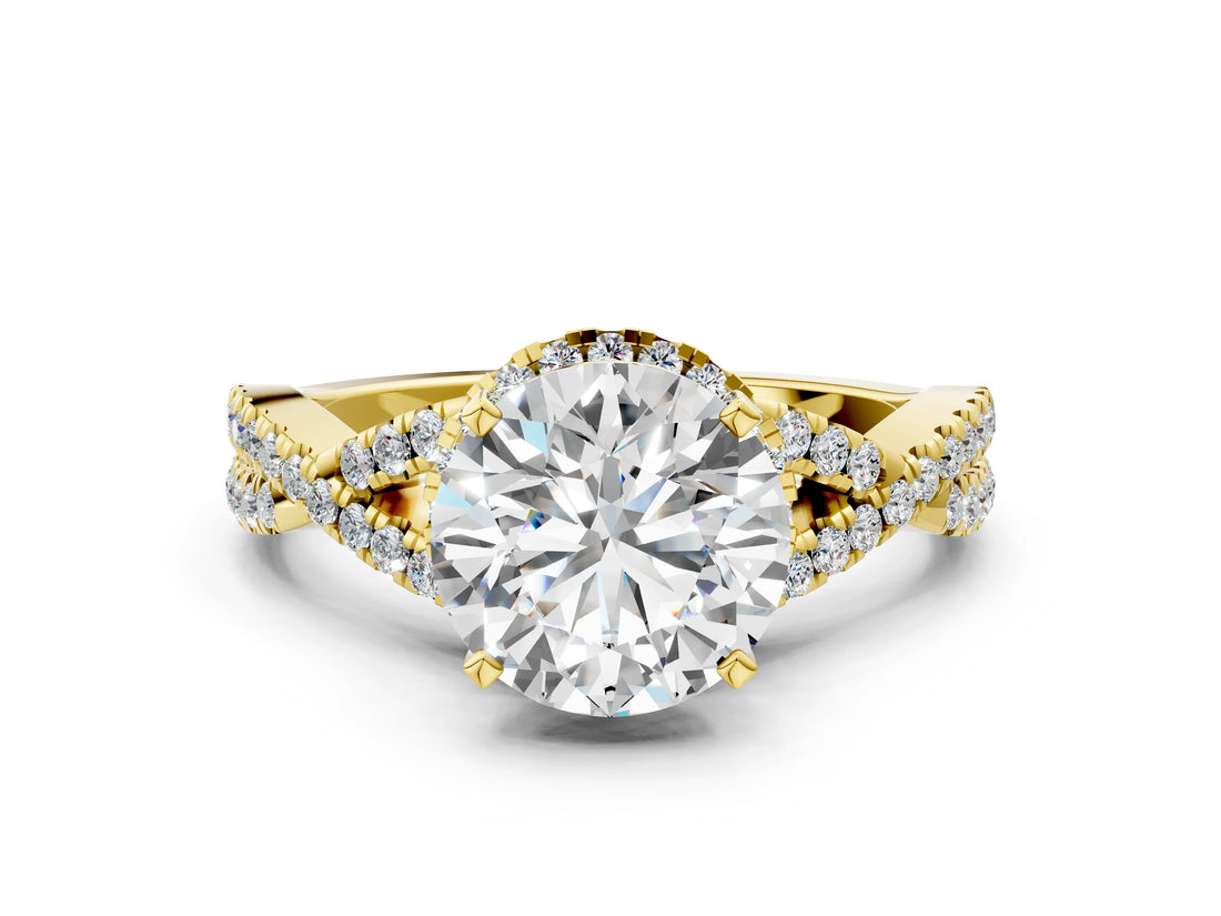 Yellow gold Round Cut Diamond  Halo Twist Band Solitaire Prong Setting Ring_42