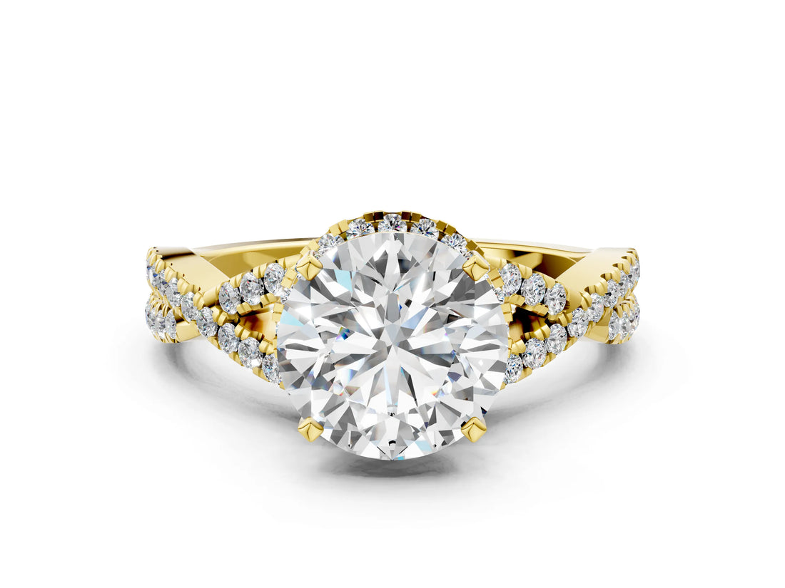 Yellow gold Round Cut Diamond  Halo Twist Band Solitaire Prong Setting Ring_87