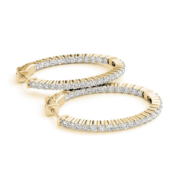 Yellow gold Round Cut Diamond Hoop Earrings with Channel Setting and Four-Prong Setting