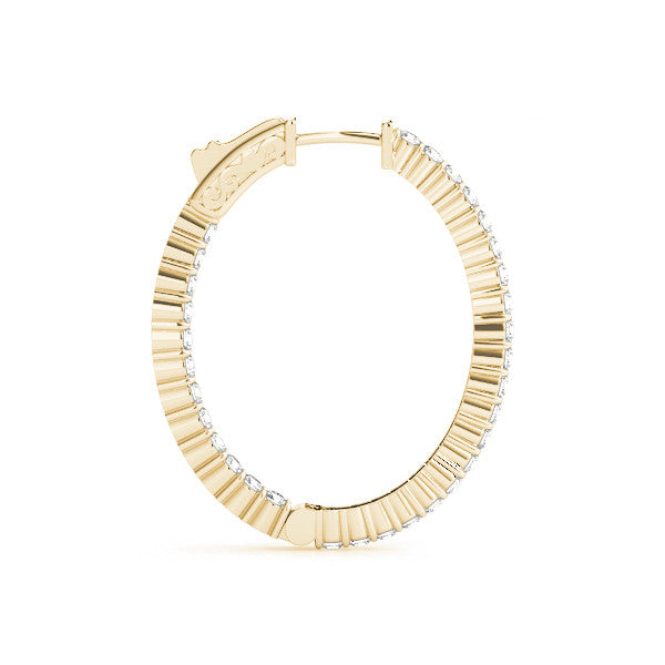 Yellow gold Round Cut Diamond Hoop Earrings with Channel Setting and Four-Prong Setting