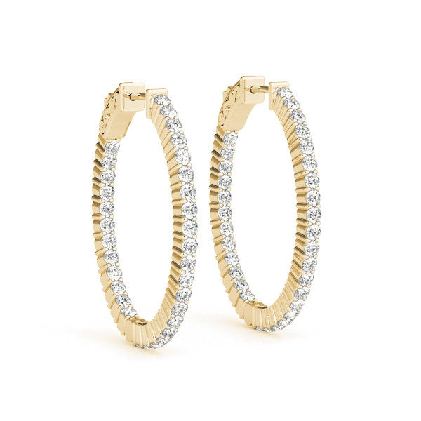Yellow gold Round Cut Diamond Hoop Earrings with Channel Setting and Four-Prong Setting