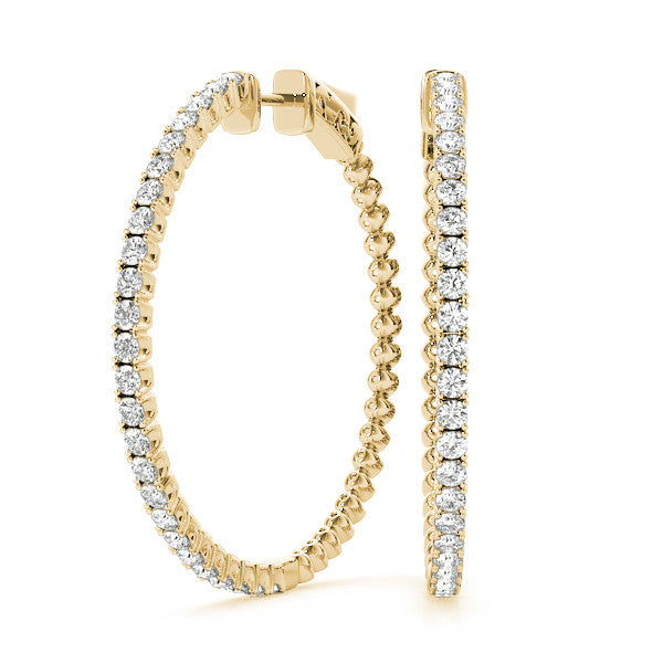 Yellow gold Round Cut Diamond Hoop Earrings with Pavé Setting and Prong Set Stones