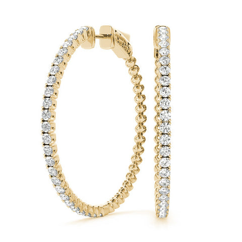 Yellow gold Round Cut Diamond Hoop Earrings with Pavé Setting and Prong Set Stones