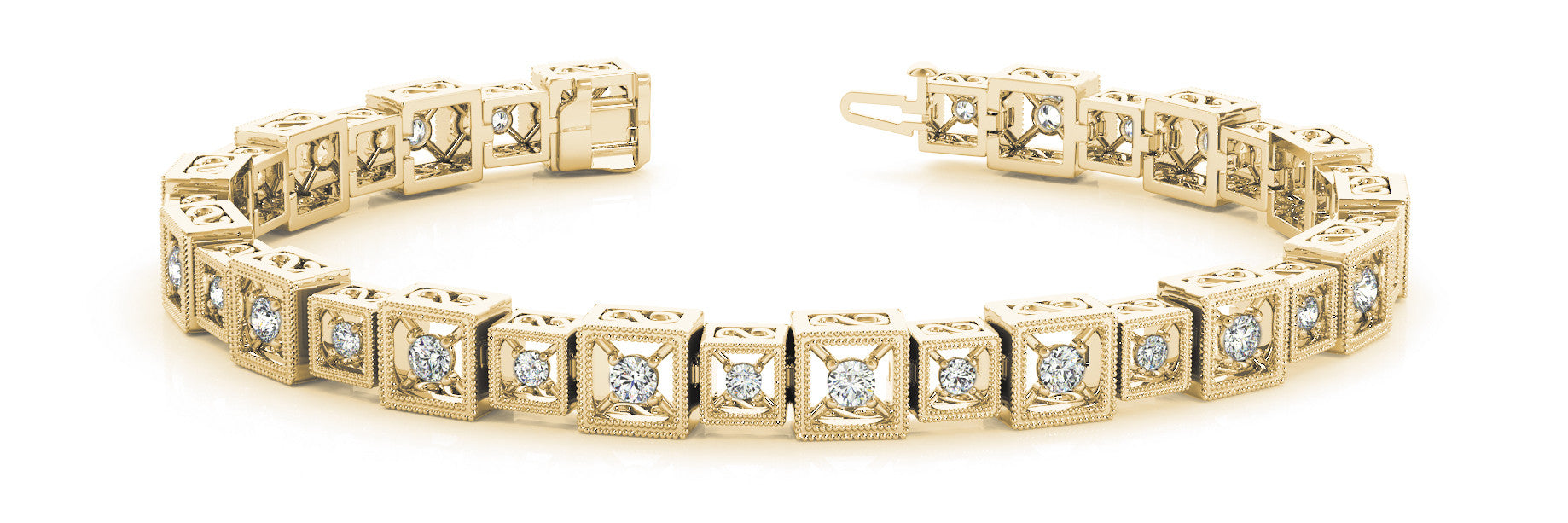 Yellow gold Round Cut Diamond Milgrain Box Link Bracelet with Four-Prong Setting