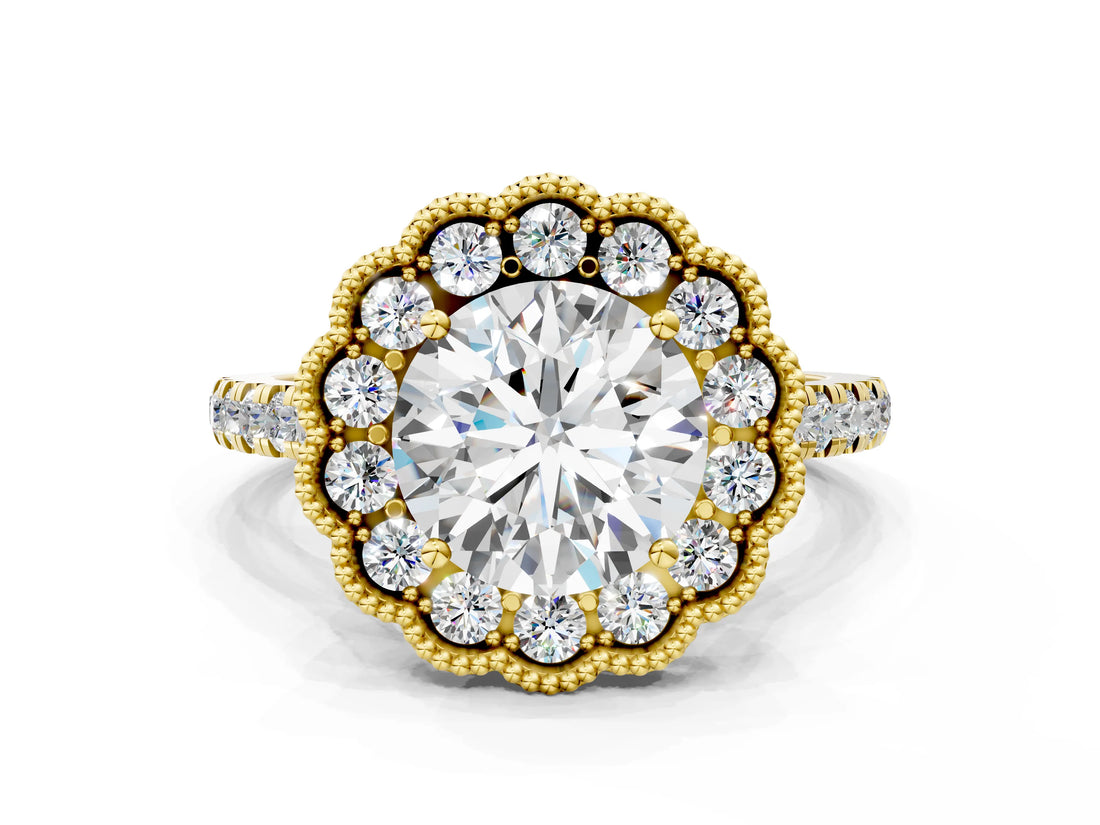 Yellow gold Round Cut Diamond Milgrain Floral Halo Engagement Ring with Pavé Band_25