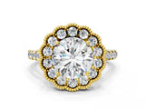 Yellow gold Round Cut Diamond Milgrain Floral Halo Engagement Ring with Pavé Band_25