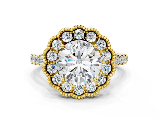 Yellow Gold Round Milgrain Floral Halo Engagement Ring Setting