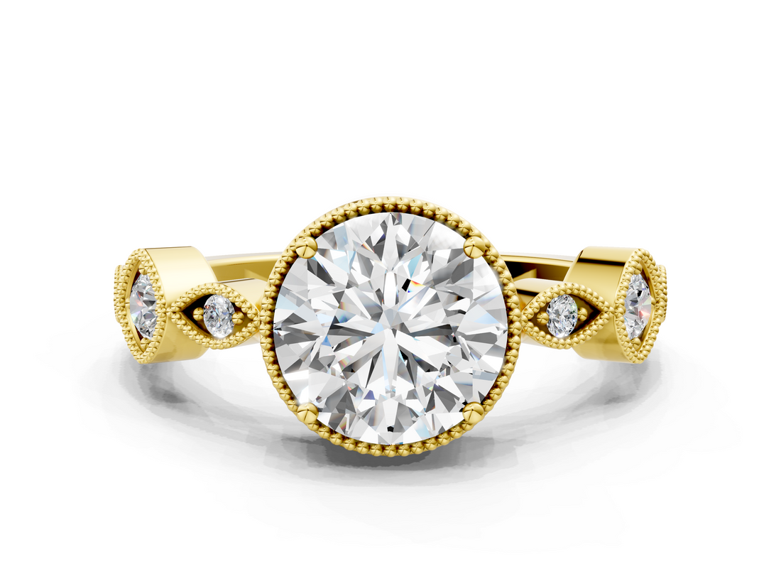 Yellow gold Round Cut Diamond Milgrain Marquise Band with Prong Setting_3