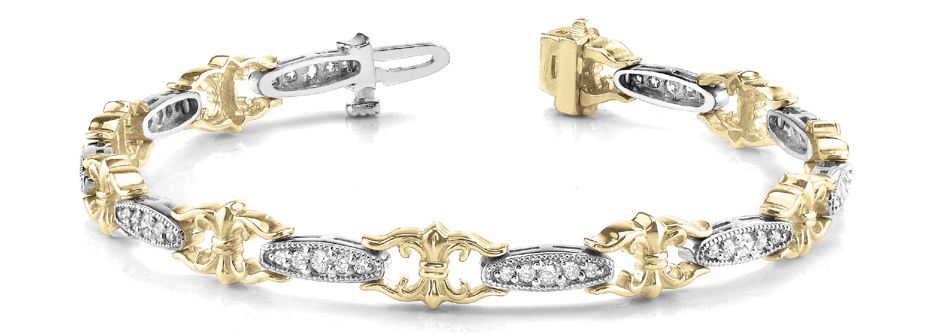 Yellow gold Round Cut Diamond Milgrain Tennis Bracelet with Fleur-de-Lis Prong Setting