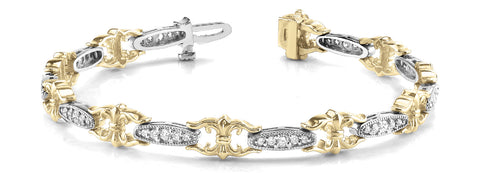 Yellow gold Round Cut Diamond Milgrain Tennis Bracelet with Fleur-de-Lis Prong Setting