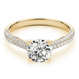 14K Yellow Gold 1.59 Carat F VS1 Round Cut Diamond Pavé Band Solitaire Ring with Four-Prong Setting
