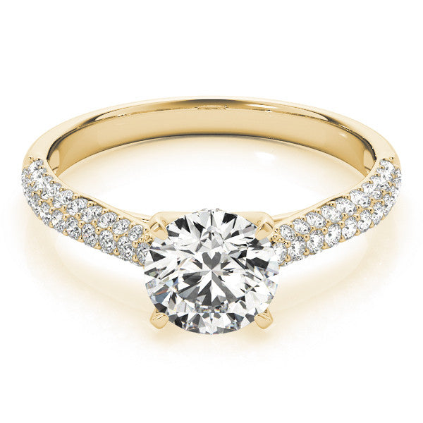 14K Yellow Gold 1.59 Carat F VS1 Round Cut Diamond Pavé Band Solitaire Ring with Four-Prong Setting