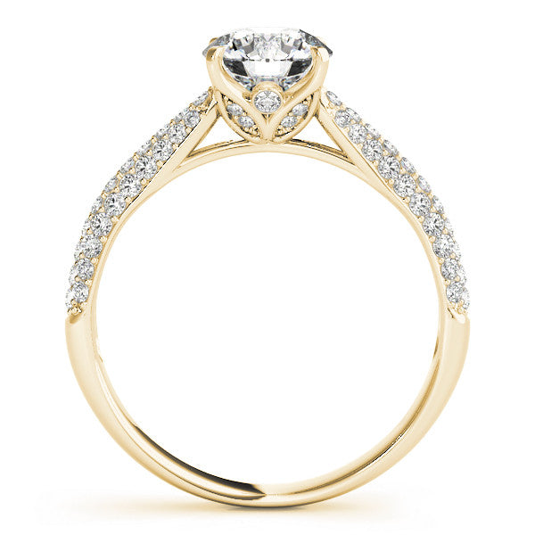 14K Yellow Gold 1.59 Carat F VS1 Round Cut Diamond Pavé Band Solitaire Ring with Four-Prong Setting