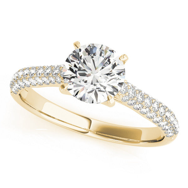 14K Yellow Gold 1.59 Carat F VS1 Round Cut Diamond Pavé Band Solitaire Ring with Four-Prong Setting