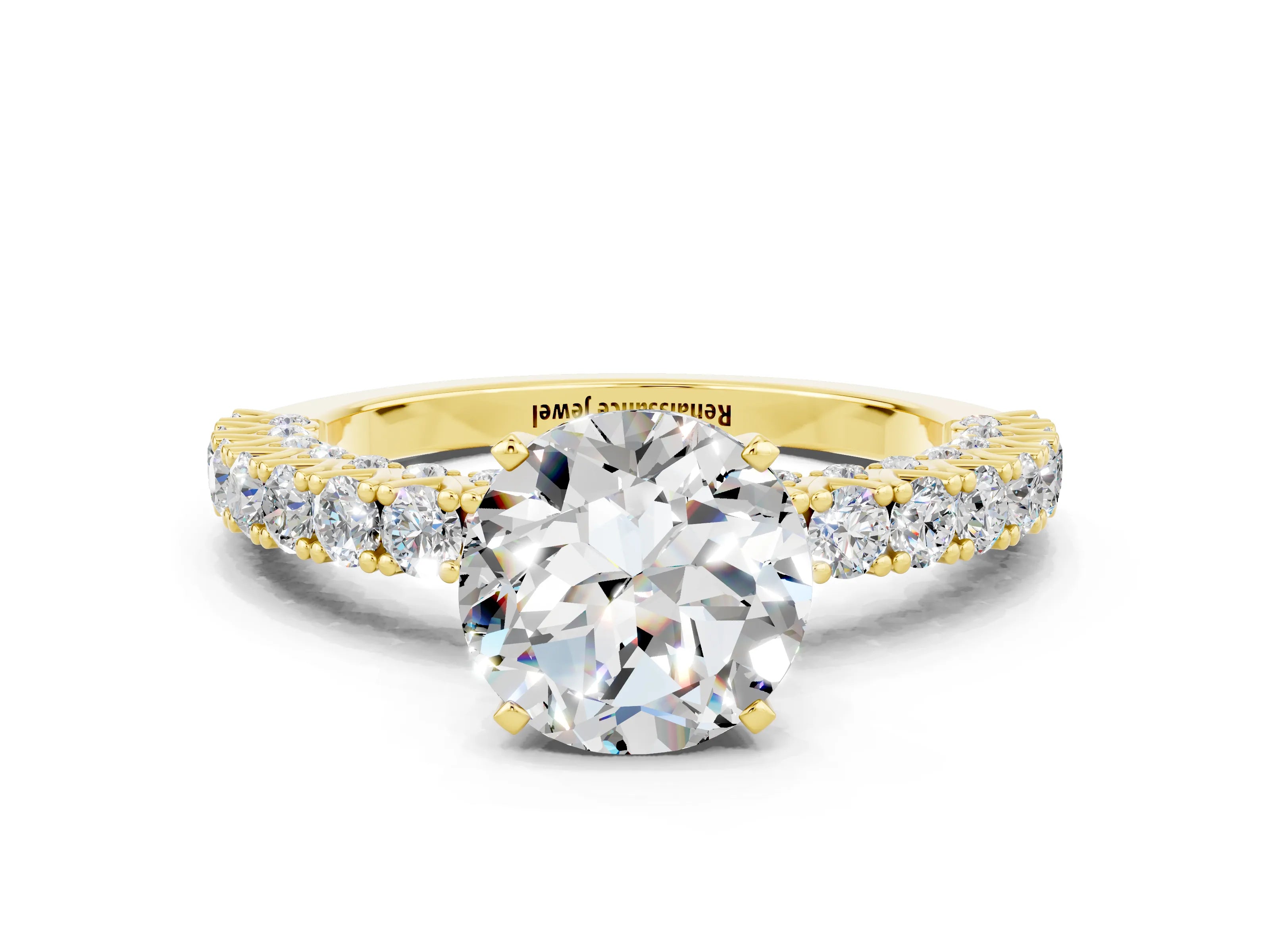Yellow gold Round Cut Diamond Pavé Band Solitaire Ring with Prong Setting
