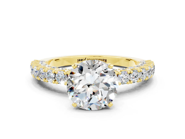 Yellow gold Round Cut Diamond Pavé Band Solitaire Ring with Prong Setting