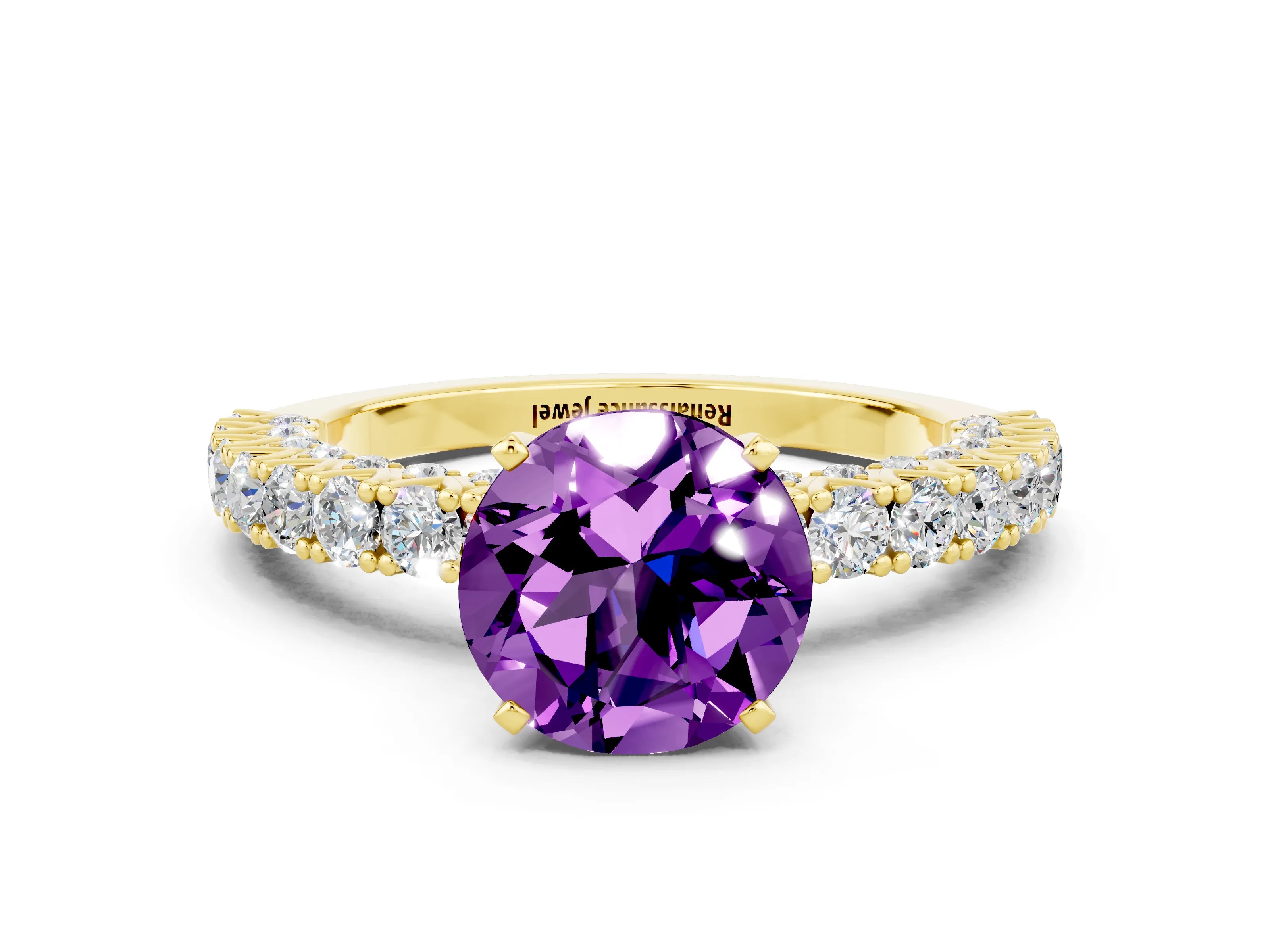 Yellow gold Round Cut Diamond Pavé Band Solitaire Ring with Prong Setting