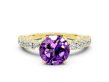Yellow gold Round Cut Diamond Pavé Band Solitaire Ring with Prong Setting