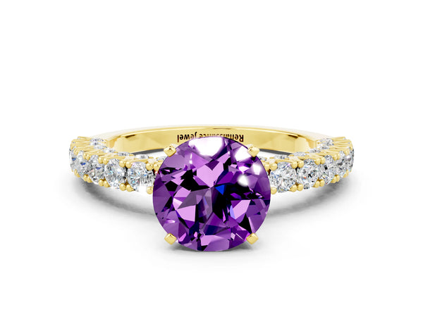 Yellow gold Round Cut Amethyst Solitaire Ring with Round Accent Pavé Band and Prong Setting
