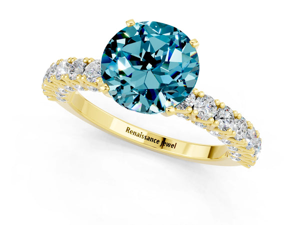 Yellow gold Round Cut Diamond Pavé Band Solitaire Ring with Prong Setting