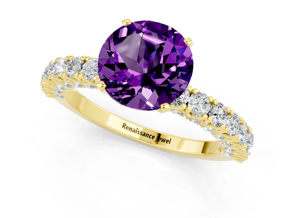 Yellow gold Round Cut Amethyst Solitaire Ring with Round Accent Pavé Band and Prong Setting
