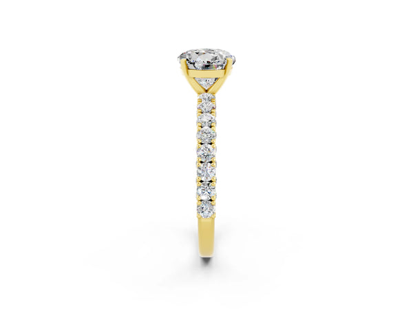 Yellow gold Round Cut Diamond Pavé Band Solitaire Ring with Prong Setting