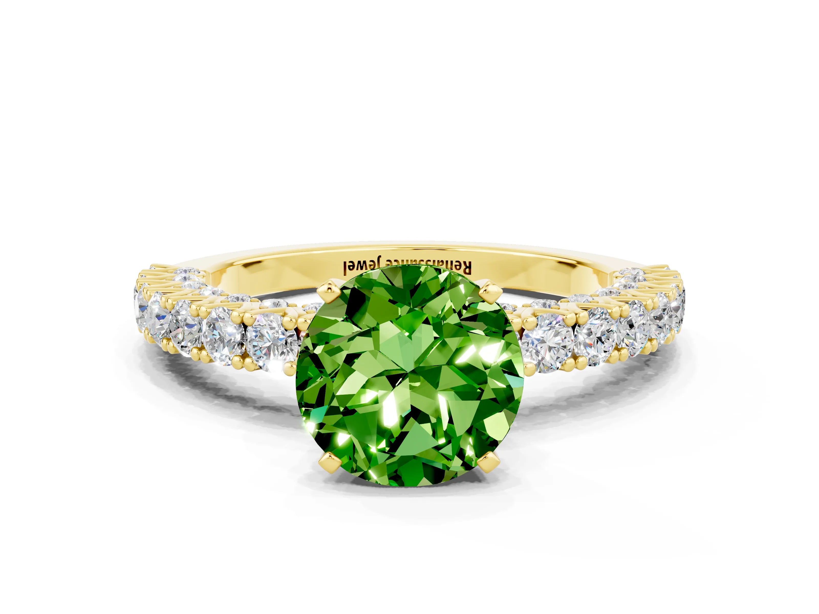 Yellow gold Round Cut Diamond Pavé Band Solitaire Ring with Prong Setting
