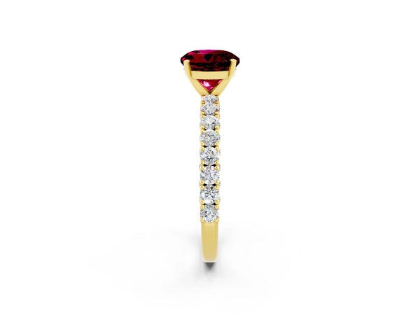Yellow gold Round Cut Diamond Pavé Band Solitaire Ring with Prong Setting