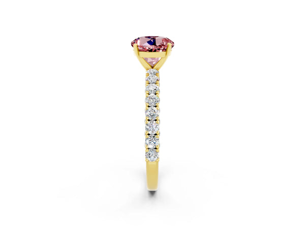 Yellow gold Round Cut Diamond Pavé Band Solitaire Ring with Prong Setting
