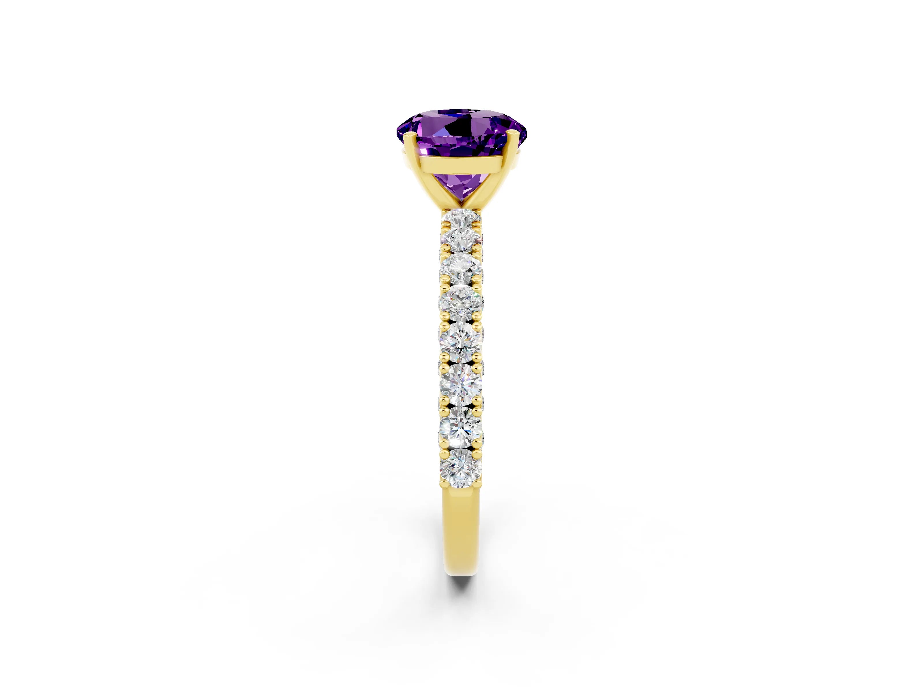 Yellow gold Round Cut Diamond Pavé Band Solitaire Ring with Prong Setting_2