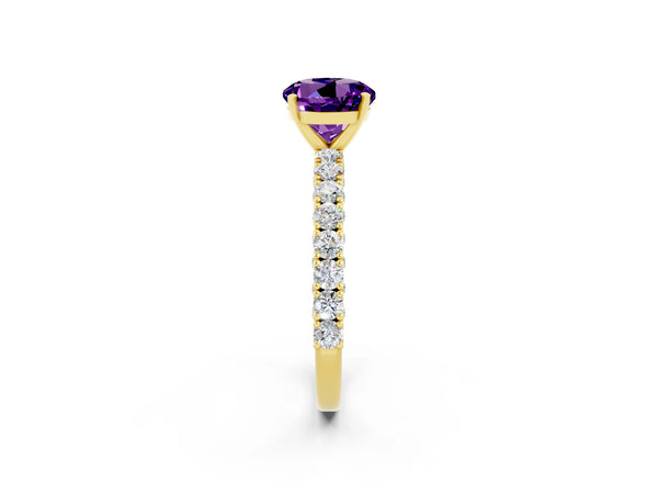Yellow gold Round Cut Amethyst Solitaire Ring with Round Accent Pavé Band and Prong Setting