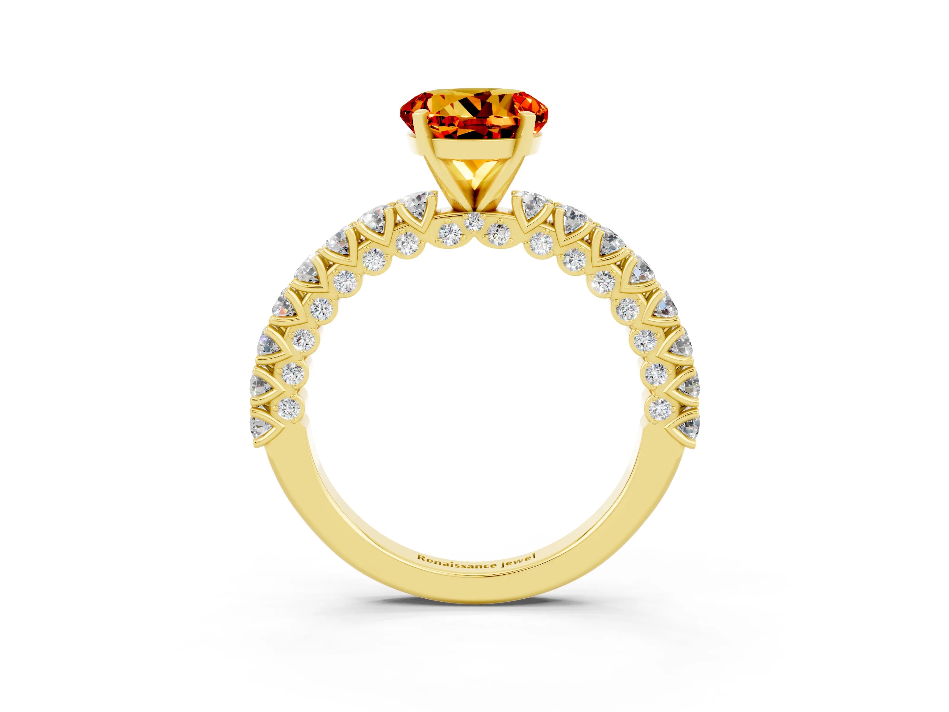 Yellow gold Round Cut Diamond Pavé Band Solitaire Ring with Prong Setting_3