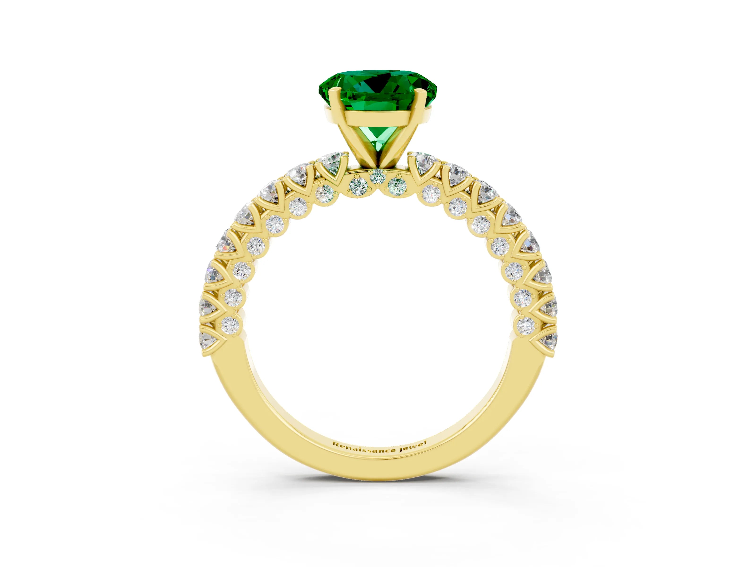 Yellow gold Round Cut Diamond Pavé Band Solitaire Ring with Prong Setting_3