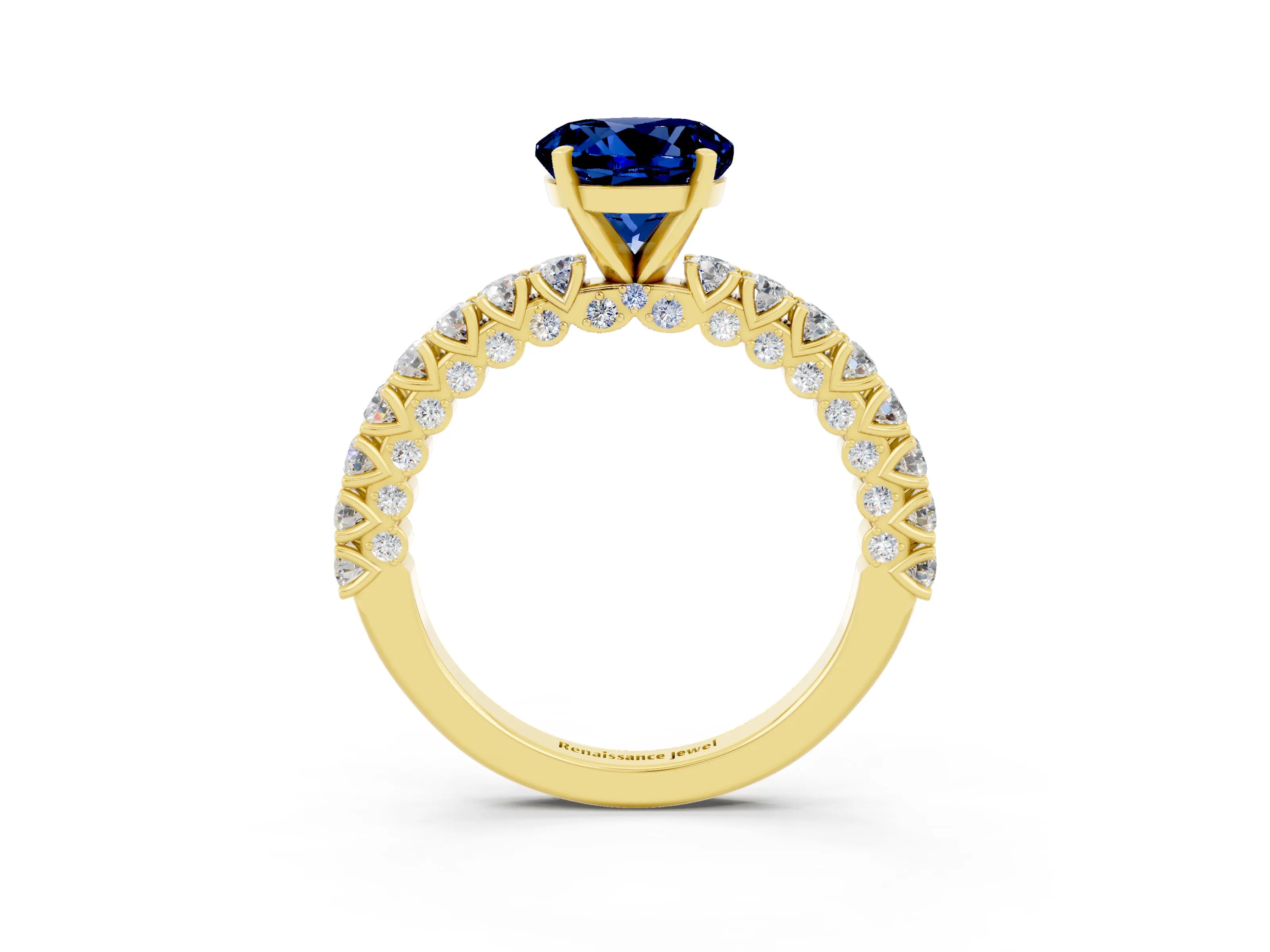 Yellow gold Round Cut Diamond Pavé Band Solitaire Ring with Prong Setting_3