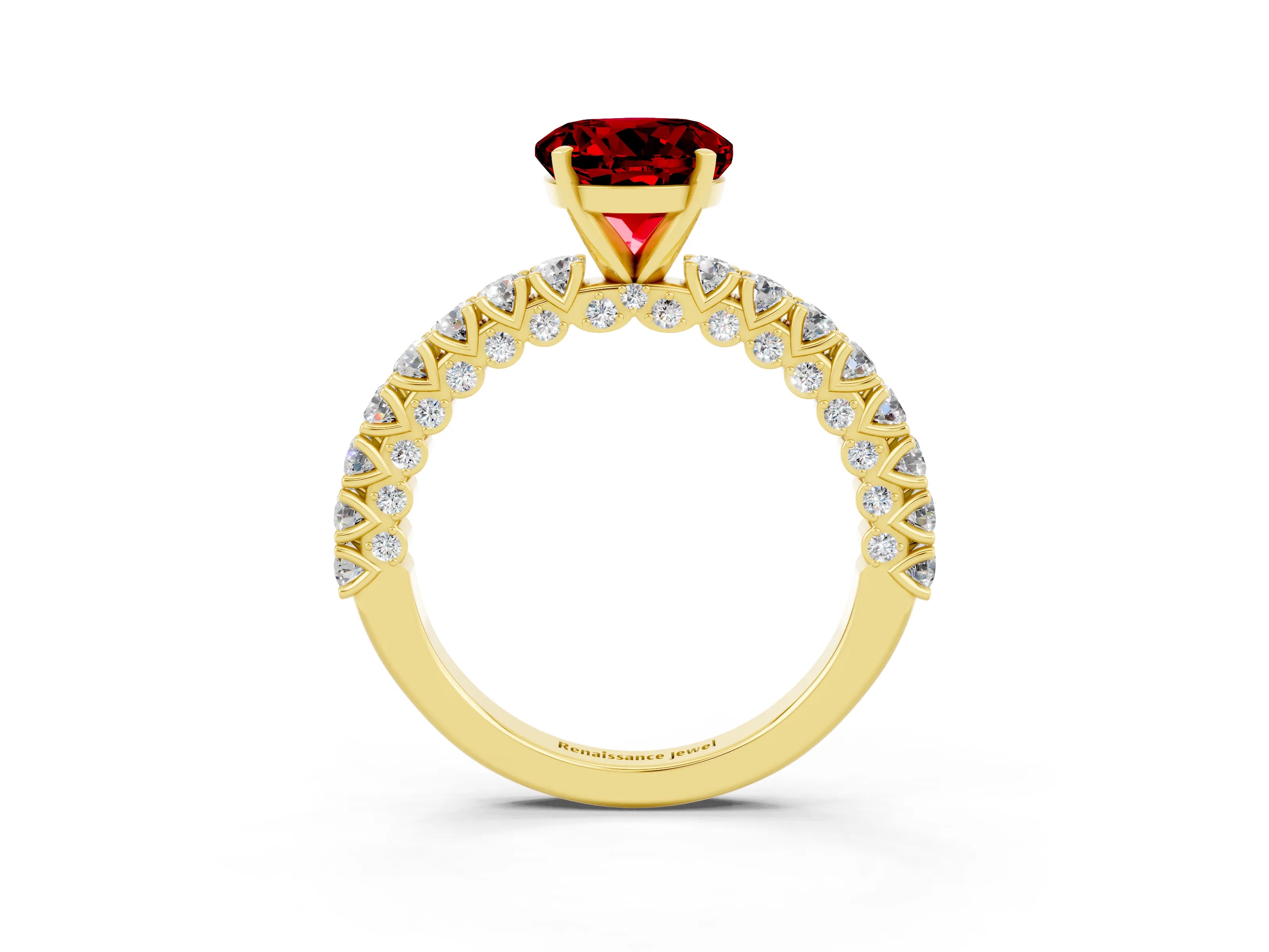 Yellow gold Round Cut Diamond Pavé Band Solitaire Ring with Prong Setting_3