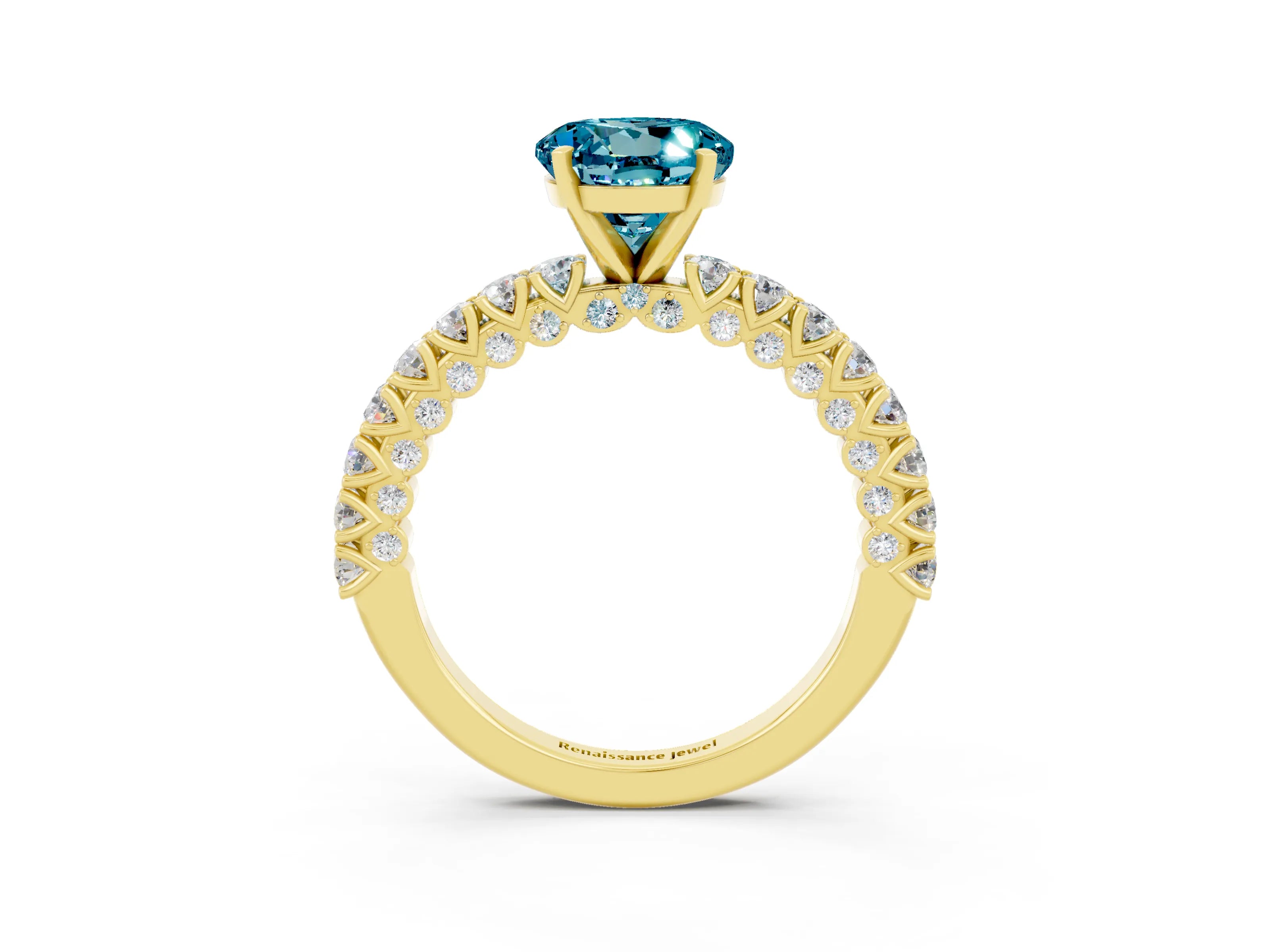 Yellow gold Round Cut Diamond Pavé Band Solitaire Ring with Prong Setting_3