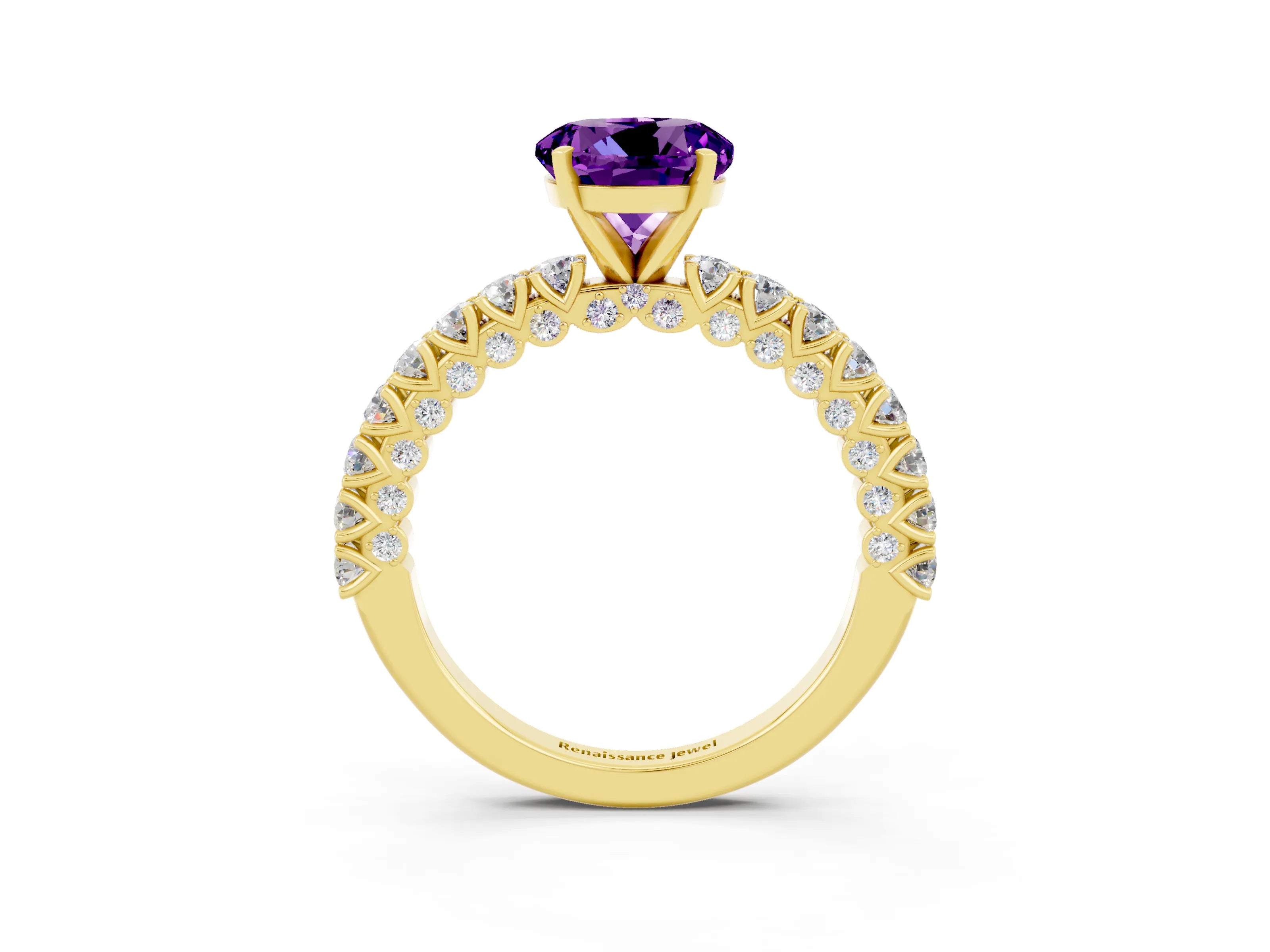 Yellow gold Round Cut Diamond Pavé Band Solitaire Ring with Prong Setting_3