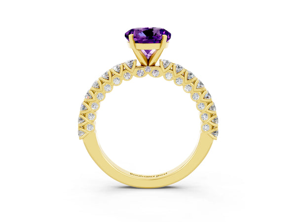 Yellow gold Round Cut Amethyst Solitaire Ring with Round Accent Pavé Band and Prong Setting